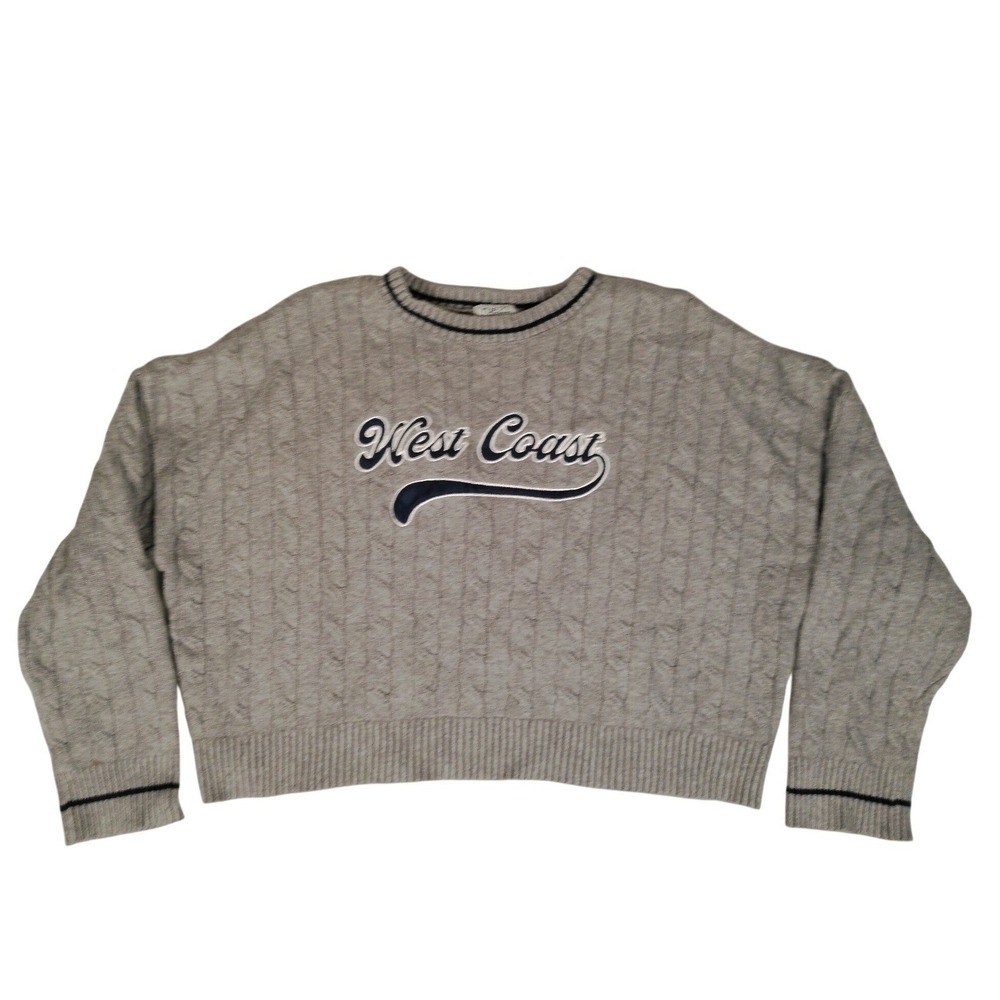Rue21 West Coast Grey Cable Knit Varsity Graphic Sweater Women Large LC267A4